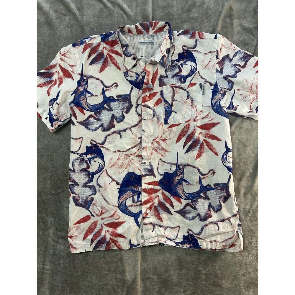 Columbia PFG Fishing Shirt Mens Small Marlin Fish Print Short Sleeve Button Up